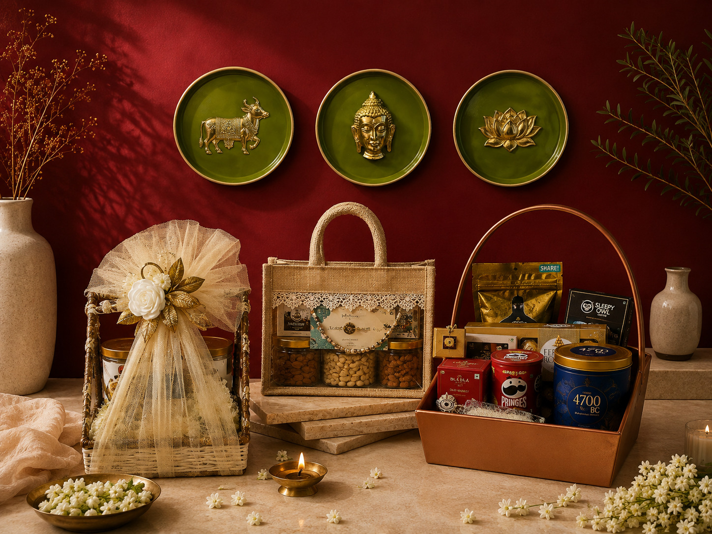 A hand-tied gift hamper with pastel pink ribbon, dried florals, and artisan goods.